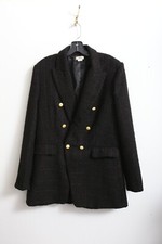 EUC L JASON WU Tweed Double Breasted Blazer Coat Black Gold Tone Button