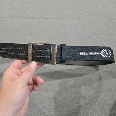 Metal Mulisha Belt Mens Large 36-40 Black Embossed Logo Square Silver Buckle Y2K