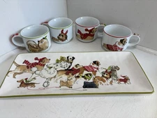 Pier One 1 Park Avenue Puppies Christmas Serving Tray Platter And 4 Mugs