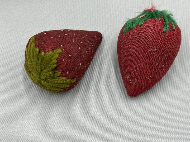 Antique Pair Victorian Fabric Strawberry Emery Pin Cushions Sewing Notions Set
