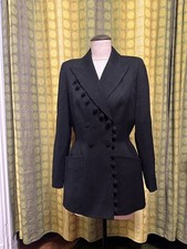VINTAGE 90s MUGLER Black  White Pinstripe Wool Pom Pom Trim Snap Up Blazer S