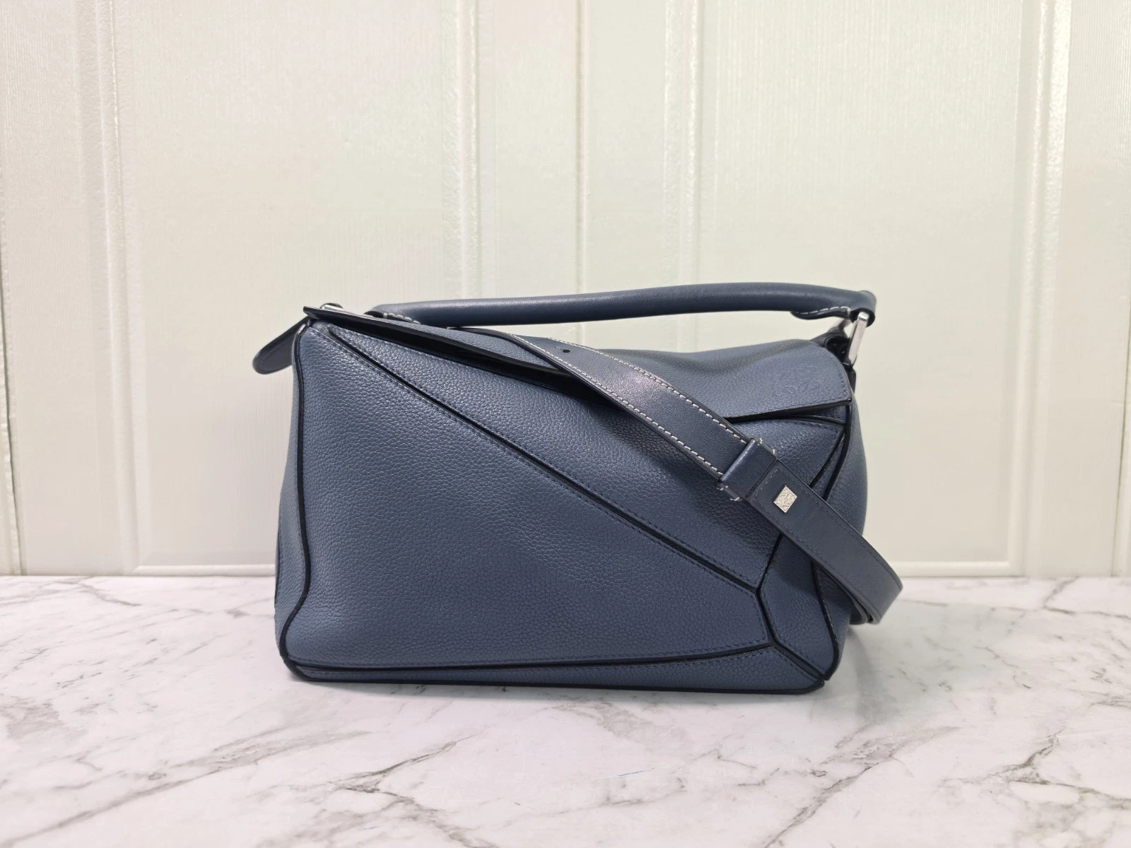 Loewe — Authentic Loewe Puzzle Small Blue Grained Calfskin Leather Bag Silver Hardware