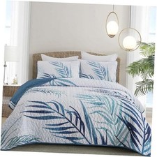 Botanical Quilt Set,3 Pieces Teal Palms Tree Bedspread Reversible Queen Blue