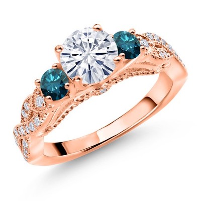 18K Rose Gold Plated Silver White Moissanite Blue Diamond and White Moissanite