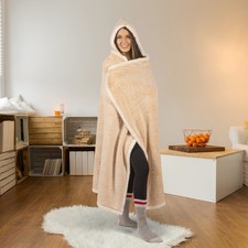 Hooded throw wearable blanket in frosted beige