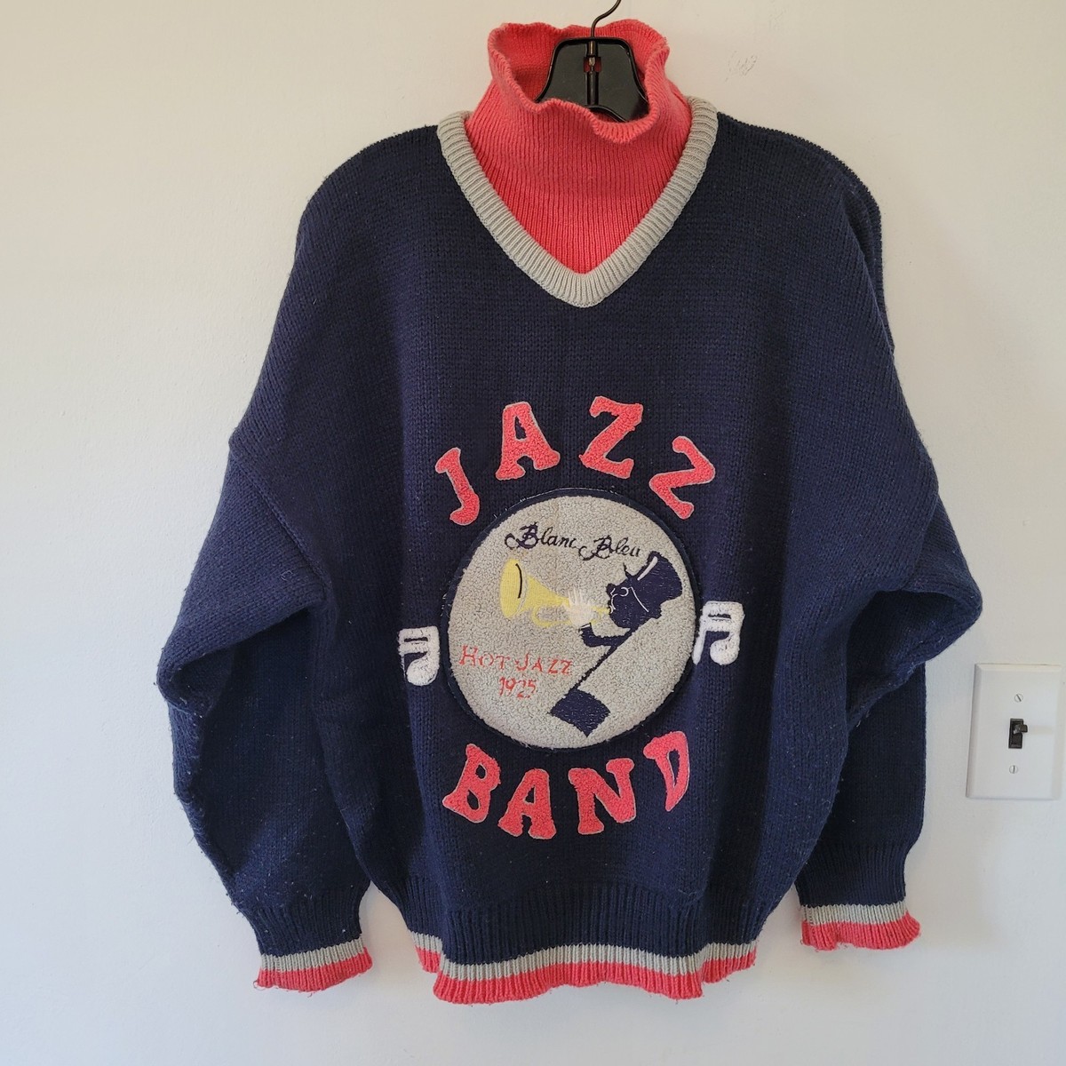 Vintage Rare BLANC BLEU Knit Sweater BRUNO KHAYAT Hot Jazz Band