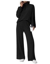 Womens 2 Piece Outfits Ribbed Knit Lounge Sets Cozy Half Zip Large Black