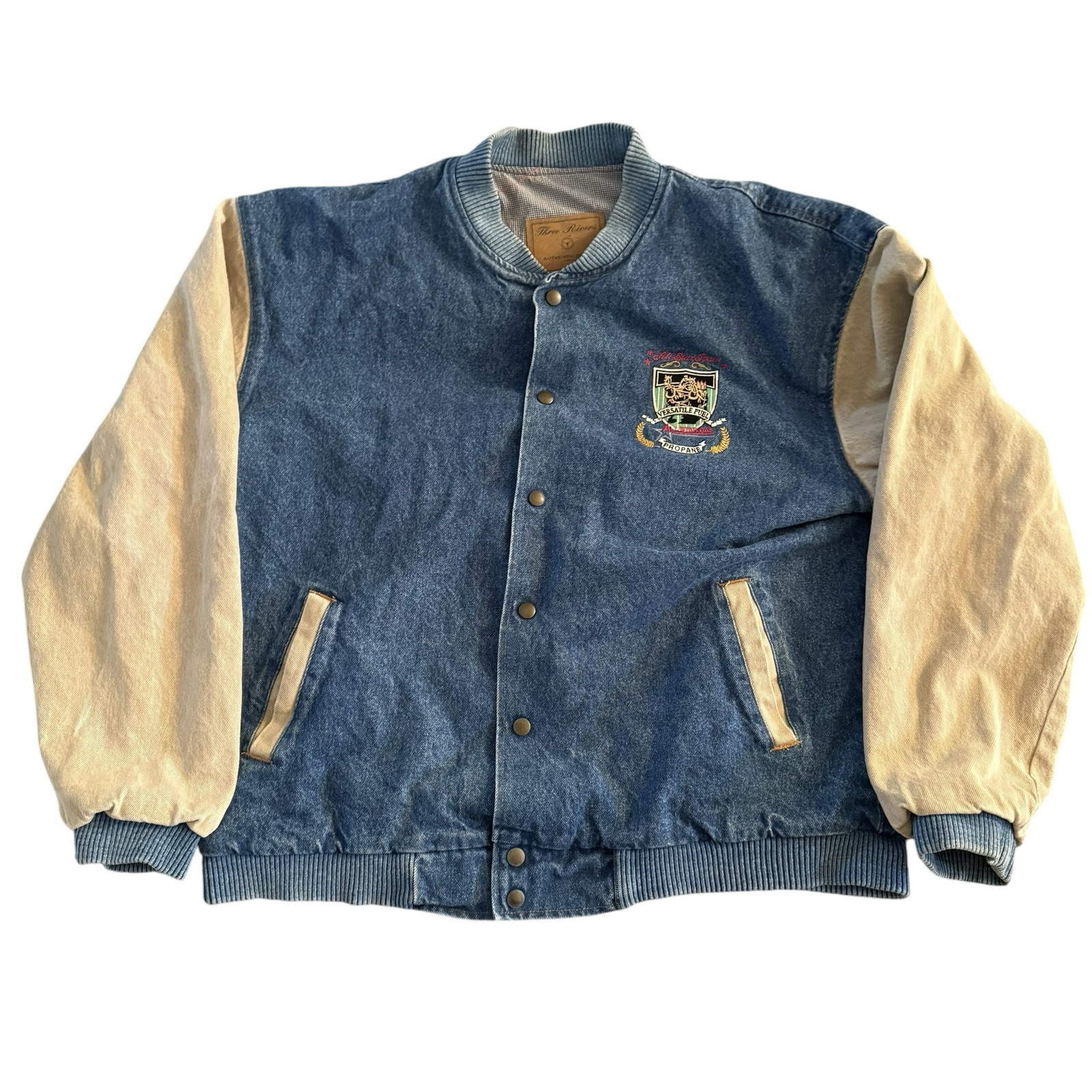 Vintage Three Rivers L  Authentic Denim Varsity Jean Jacket Tan Sleeves Campfire