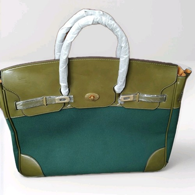 #ad Spacious 2 Tone Army Green Canvas Olive Leather Tote X Body Gold Tone Trim Feet $145.00