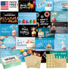 100 Happy Birthday Cards with Envelopes, 20 Unique Designs, Birthday Cards Bulk