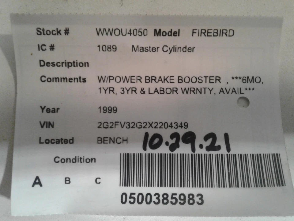 Cilindro maestro de freno usado se adapta a: Pontiac Firebird 1999 grado A Foto 4 de 4
