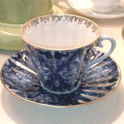 Lomonosov Russia Porcelain Cup & Saucer Cobalt Blue & Gold Vtg Tea Coffee Flow