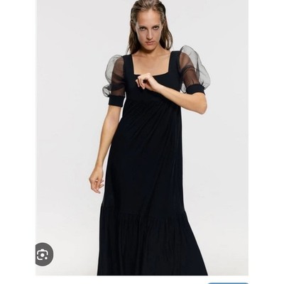 ZARA Elegant Evening Black Chic Chiffon Sheer Puff Sleeves Size Medium