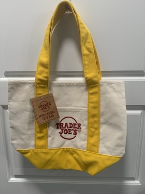 Trader Joe's Mini Foldable Canvas Tote Bag Yellow White All-Over Pattern
