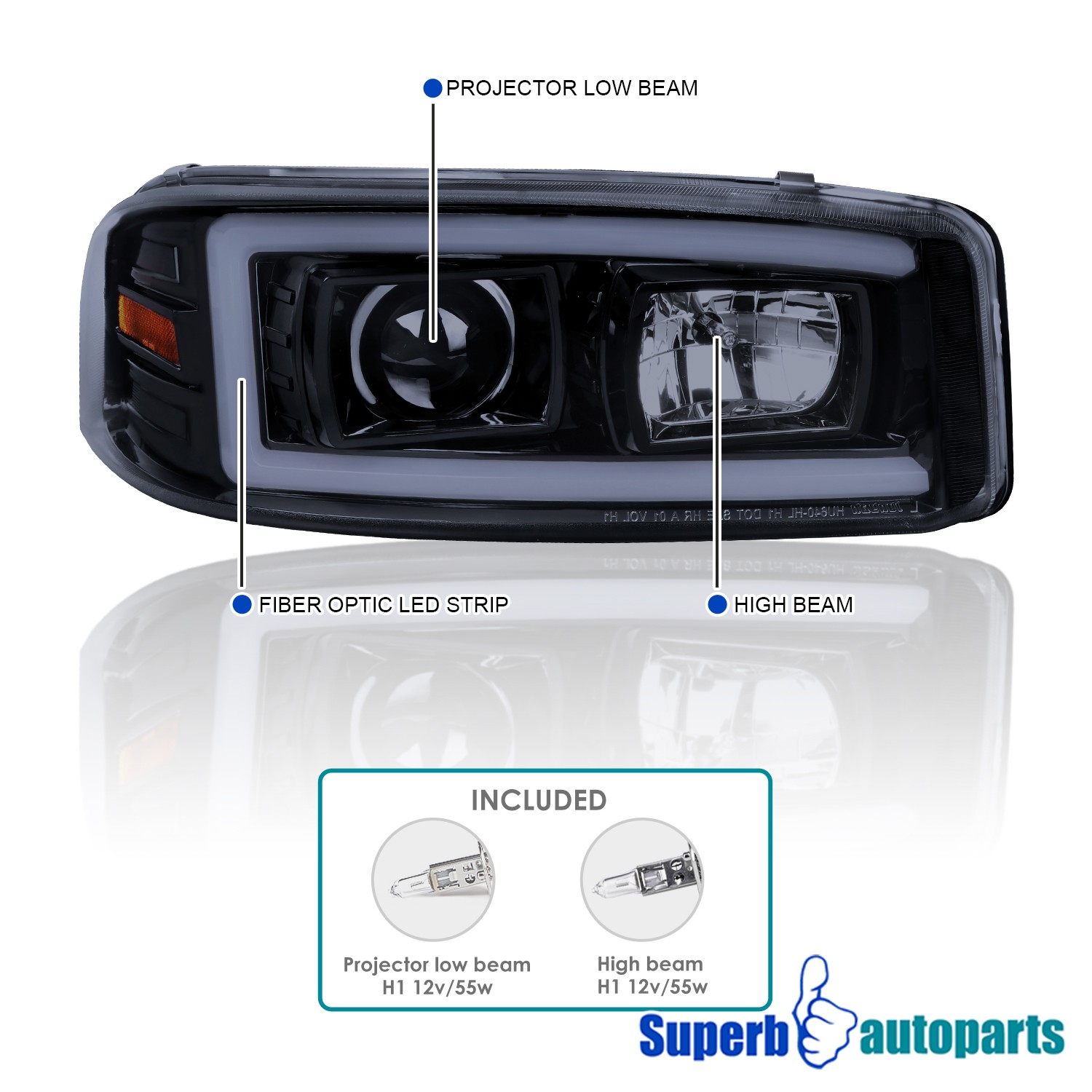 Fits 2000-2006 Sierra Denali Glossy Black Smoke Projector Headlights LED Strip