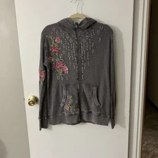 Sundance Jolene Thermal Hoodie Jacket Gray  Floral Embroidered Full-Zip Boho Med