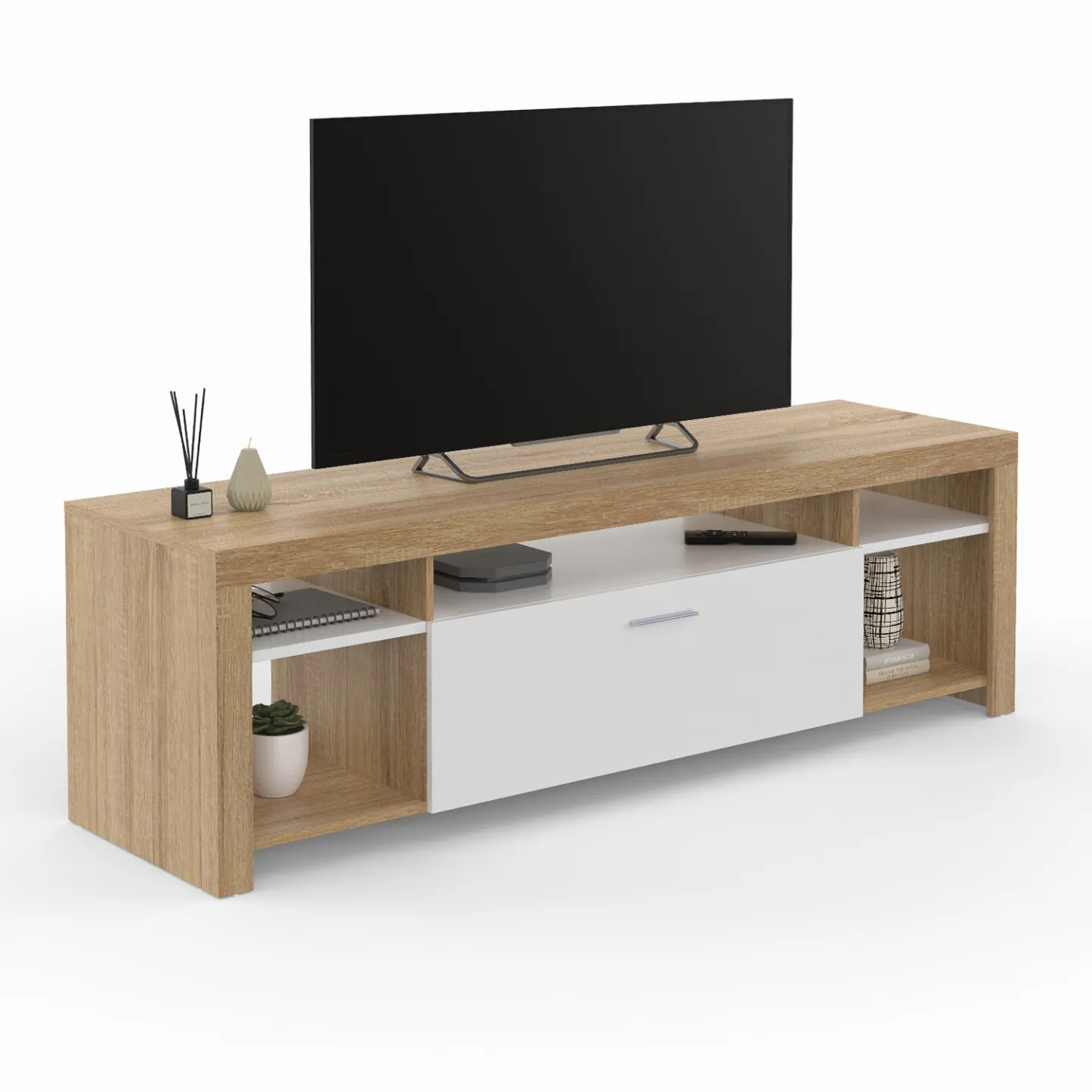 Meuble TV en bois MALO de 140 cm avec rangement blanc pour vos soirées cinéma en famille