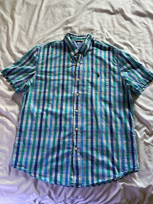 US Polo Assn. Men's L Plaid Short Sleeve Button-Up Shirt Pockets Blue Green