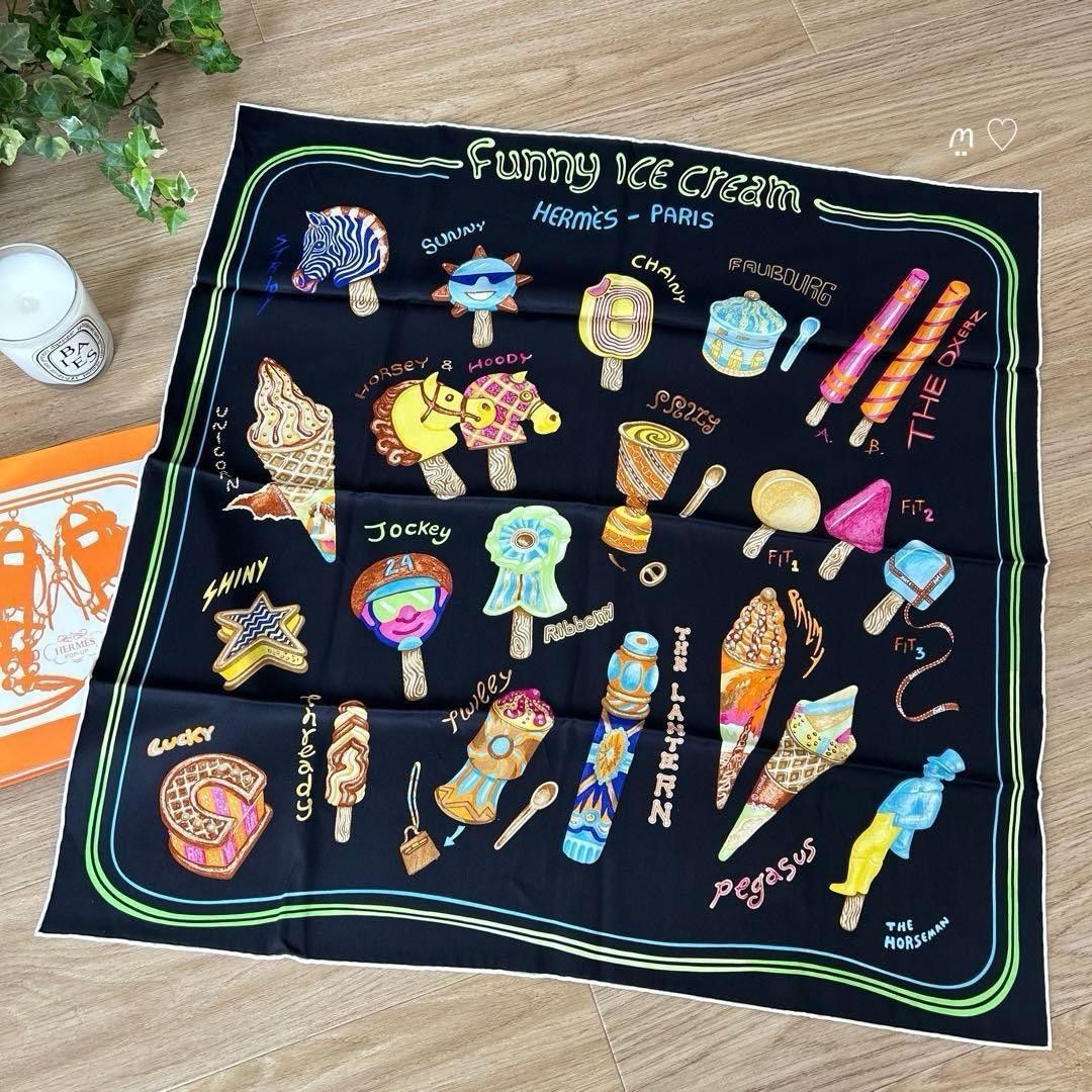 HERMÈS Carré 70 Funny Ice Cream Silk Scarf 66cm Black Multi-Color Excellent thumbnail 2