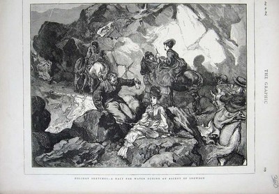 Original alter antiker Druck 1874 Feiertage Aufstieg Bergsteigen Snowdon Wales