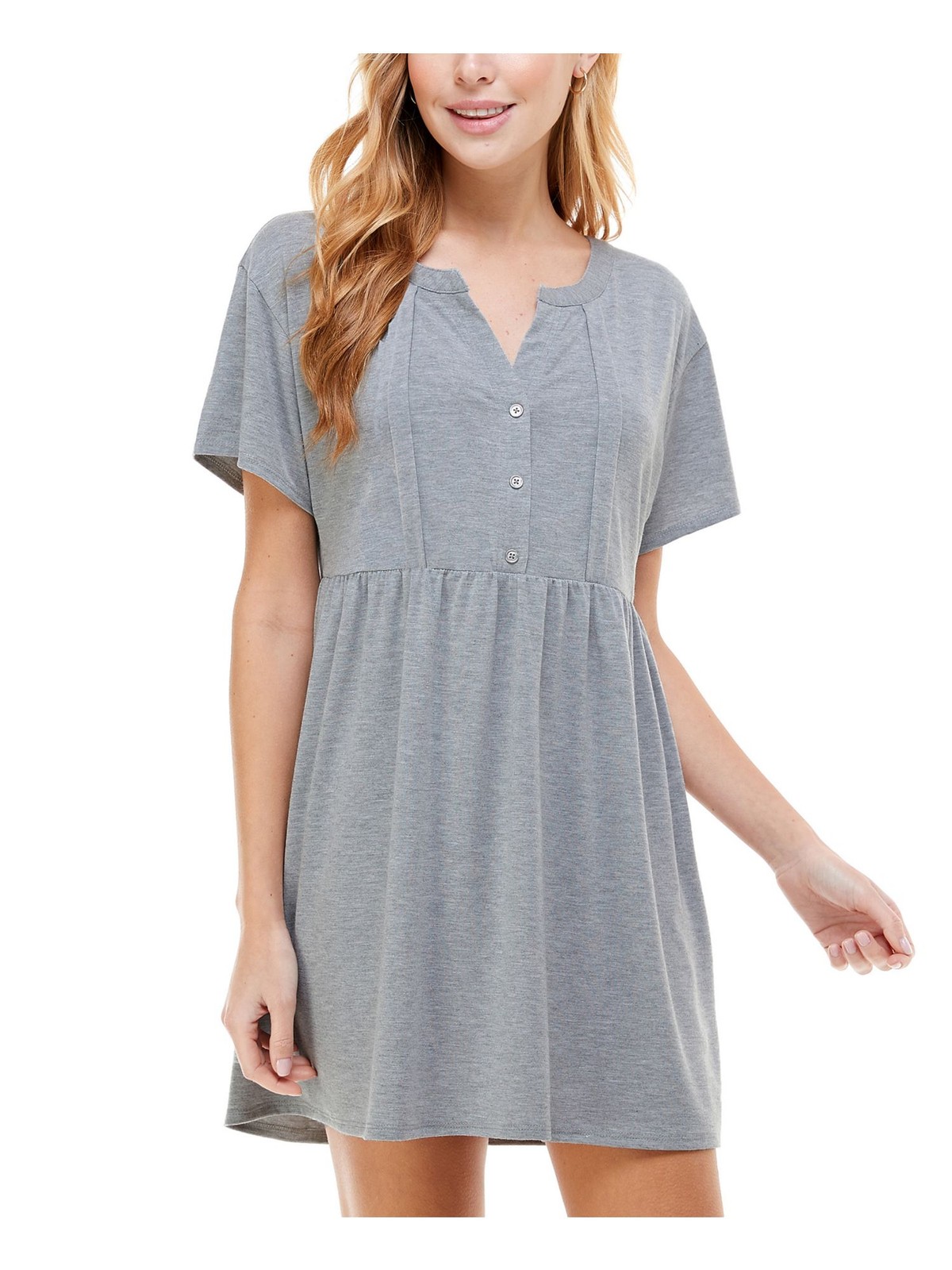 KINGSTON GREY Womens Stretch Short Sleeve Split Mini Baby Doll Dress