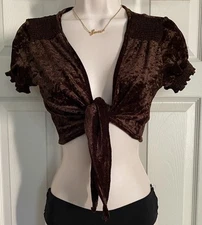 Charlotte Russe VTG Brown Velvet Front Tie Boho Crop Top Layering Blouse Shrug M