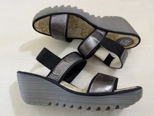 Fly London YACO Pewter Metallic Black Sling-Back Wedge Sandal 39/8.5