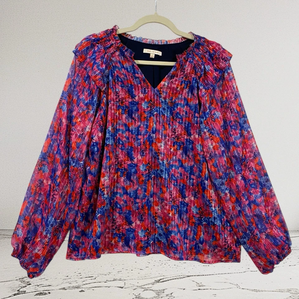 Top Skies Are Azul Floral Acuarela Plisado Volantes Talla Pequeña Mangas Transparentes Foto 2 de 4