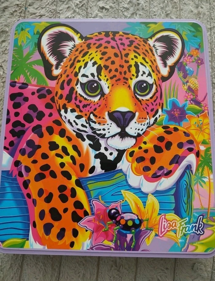 VINTAGE Lisa Frank 90s leopard cub colorful large tin with