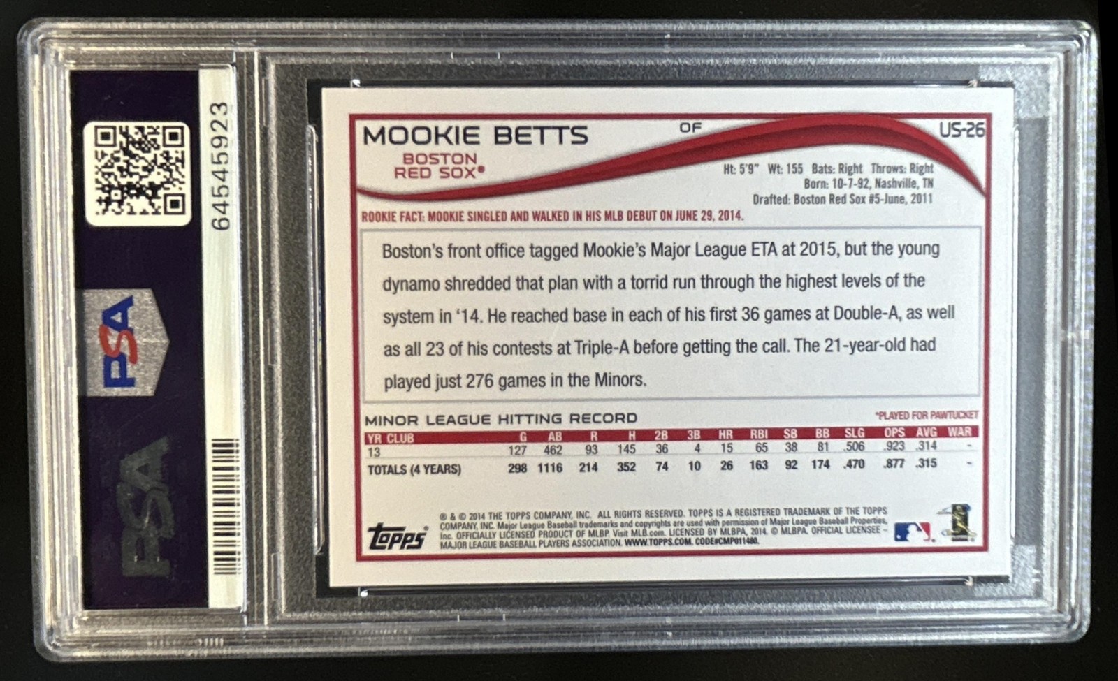 2014 Topps Update Mookie Betts RC Rookie #US-26a Red Sox PSA 10 GEM MINT view 2