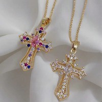 Women Silver Plated Crystal Cross Pendant Necklace Charm Girls Jewellery Gift UK