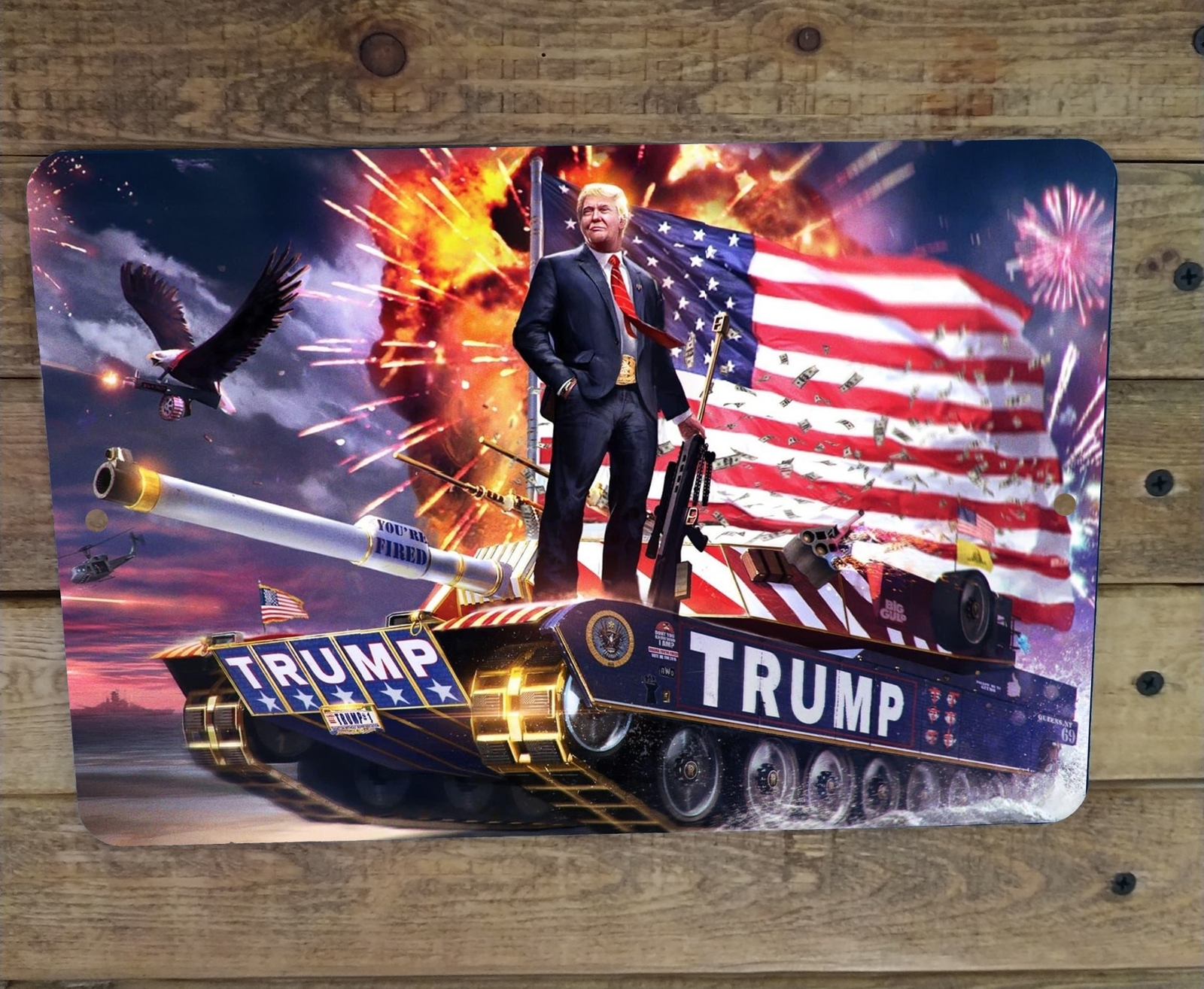 Trump Tank Eagle American Flag Metal Poster MAGA Patriotic Sign