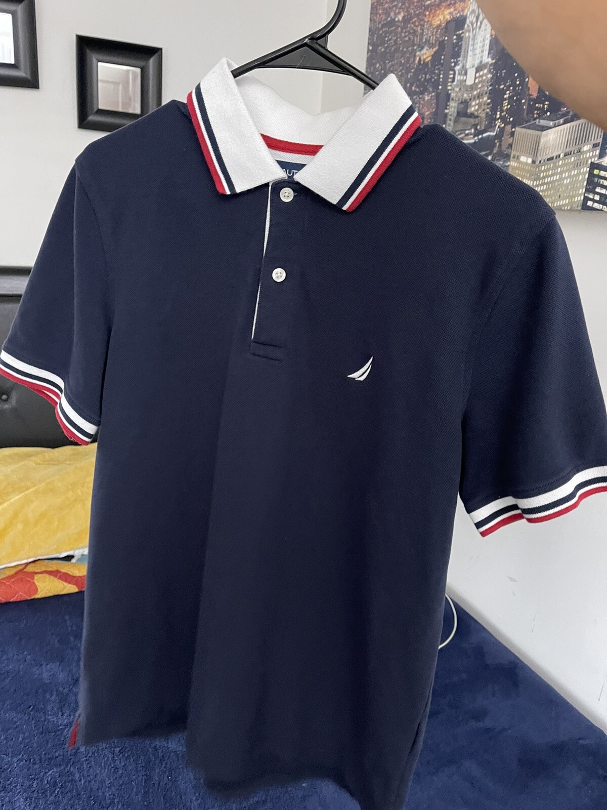 Nautica Men's Medium Navy Blue White Stripe Logo Polo Shirt-image