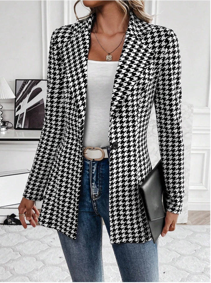 Blazer Chaqueta para Mujer Clasi Pata de Gallo Cuadros Cintura Adelgazante Talla S M L XL Foto 3 de 4