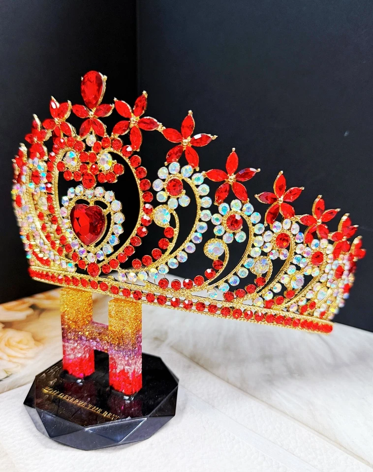 Tiara corazón cristal, tiara dorada, tiara piedra roja, tiara nupcial, corona cumpleaños Foto 2 de 4