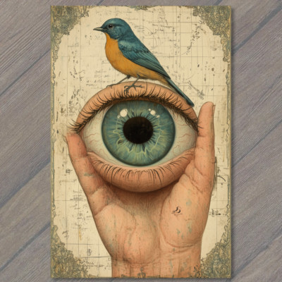 POSTCARD Bizarre Eye Held Hand with Blue Bird Surreal Odd Weird Macabre Unique