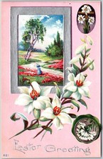 Easter Greetings Landscape Flower Lady In The Meadow Postcard