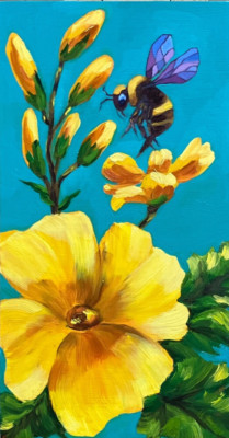 Bee Wildflowers oil painting,  Primrose 6 x12  floral small artwork unframed