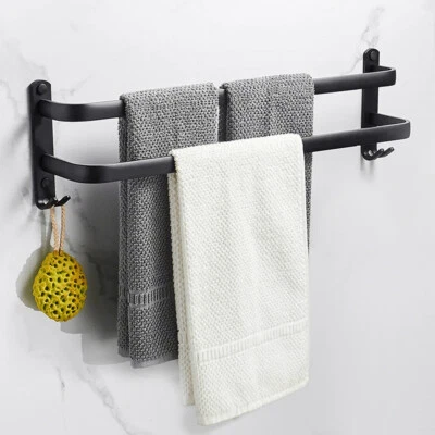 HOUSEHOLD-ONLINE 60cm Aluminium Double Towel Rail Wall Mounted Bathroom Storage Rack with Hooks