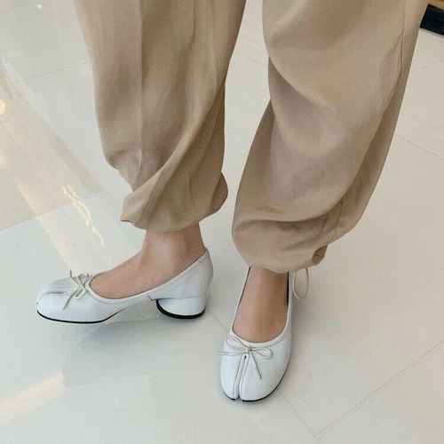 Women's Mid Heel Ballet Court Shoes - Leather Bowtie Tabi Split Toe Design Uk - Picture 7 of 22