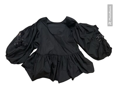 H&M CONSCIOUS EXCLUSIVE Crop SEQUIN TOP BLOUSE Puff Sleeve Black Size XS