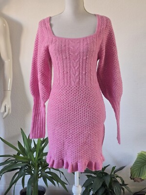 ASOS Design Pink cable knit mini dress with volume sleeves Size 12 | eBay UK