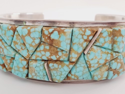 Native American Signed Sterling Silver #8 Turquoise Cobble Design Cuff Bracelet - Picture 15 of 15
