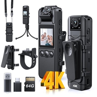 BOBLOV Mini Body Camera 4K 64GB with Rotation TF Card - 4K, Charcoal