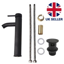 Tall Black Basin Tap Bathroom Sink Mono Mixer Round Modern + Waste