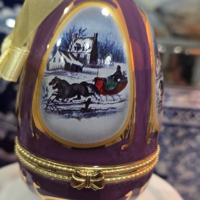 Purple Egg-Shaped Collectible Music Box with Winter Sleigh Scene and Gold Trim