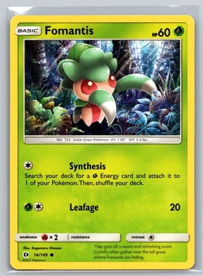 Fomantis 14/149 Sun and Moon Pokemon TCG Grass Basic Synthesis Leafage Card