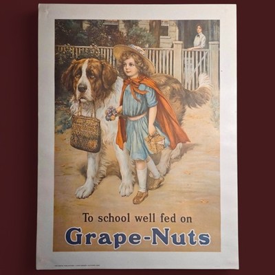 Vintage Grape-Nuts Poster Girl & St. Bernard Dog Portal Publications Advertising