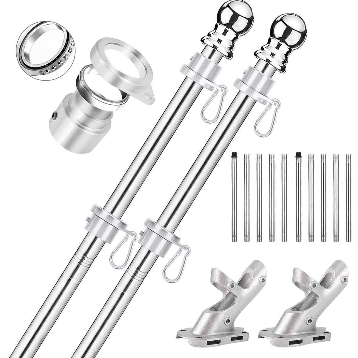 6ft Flag Pole Kit - Stainless-Steel Flagpole with Rotating Rings to Prevent Tangles by Pure Garden (Silver