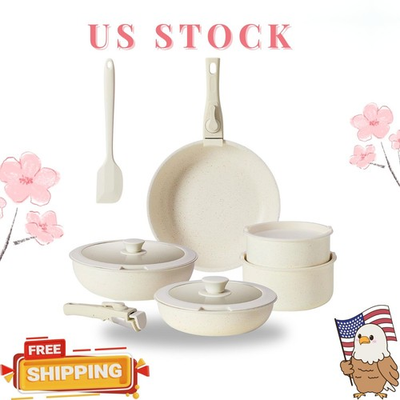 #ad 12 Piece Nonstick Cookware Set with Detachable Handles Dishwasher Safe White $39.93